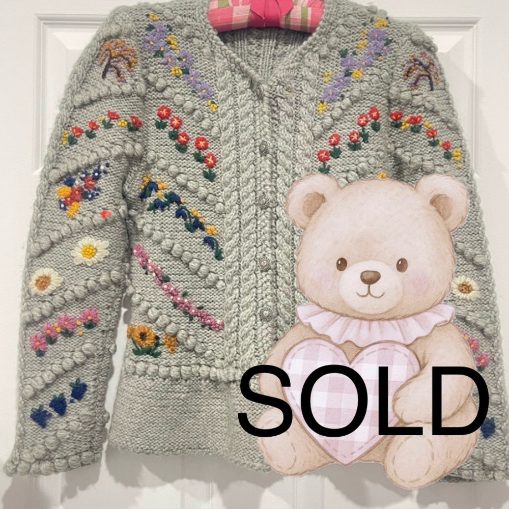 Sold! - Hand Knit Whimsical Floral Embroidered Cardigan Wool Cottagecore Sweater